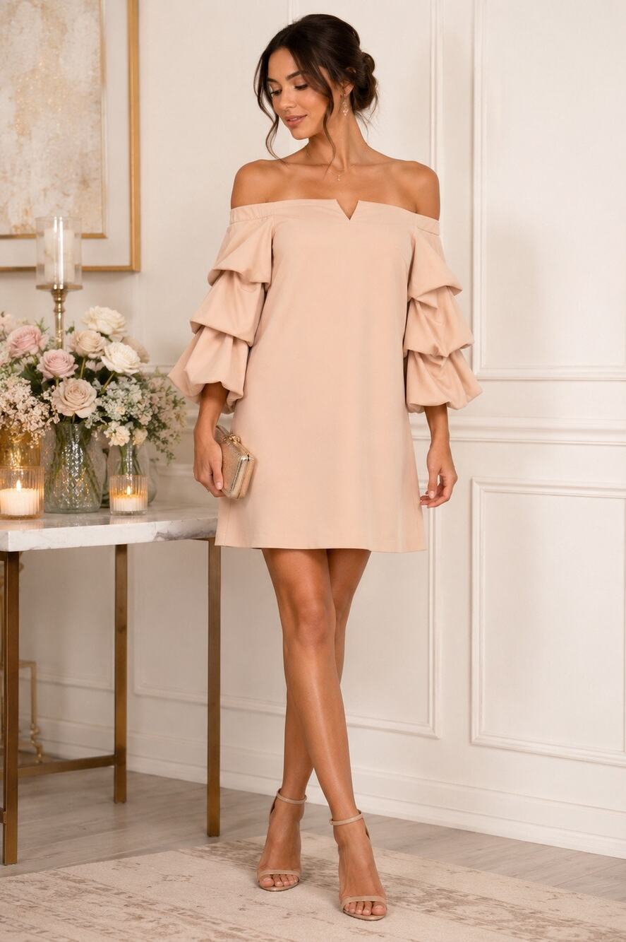 J.O.A. Kali Off Shoulder Tiered Ruffle Sleeve Mini Dress | Blush Nude | Medium